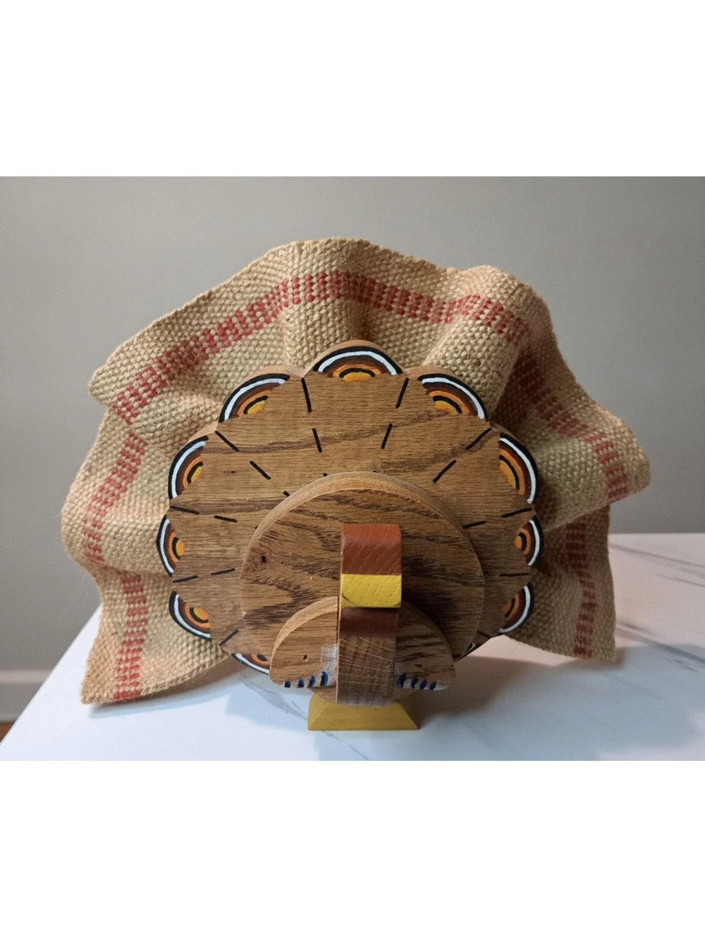Vintage Hand-crafted Standing Burlap and Oak Fall Turkey Decoration 8
